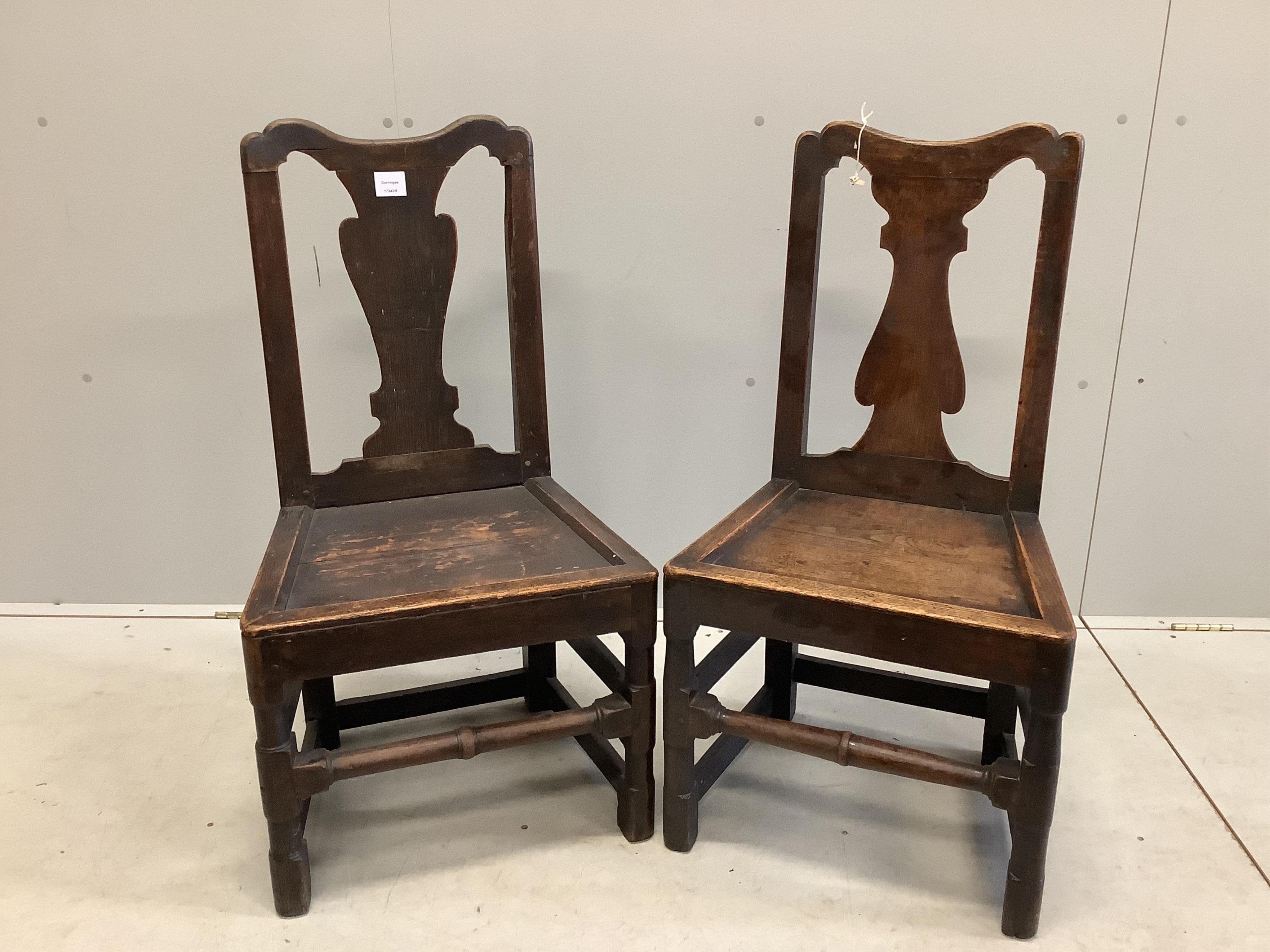 Two 18th century oak wood seat chairs, width 47cm, depth 39cm, height 91cm. Condition - poor